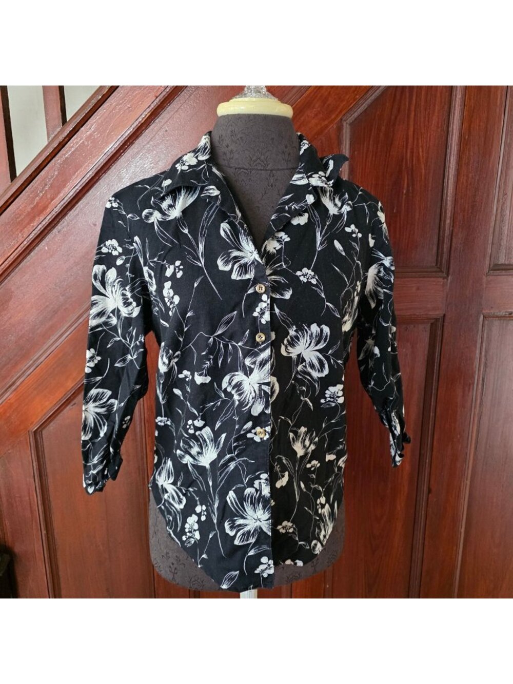 Harve Bernard Black & White Floral Print Linen-Blend Button-Up Shirt Medium